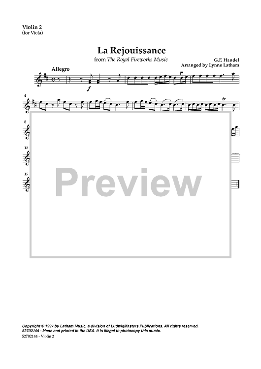 La Rejouissance - from The Royal Fireworks - Violin 2 (for Viola)