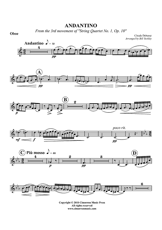 Andantino - From the 3rd movement of "String Quartet No. 1, Op. 10" - Oboe