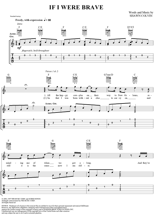 If I Were Brave" Sheet Music by Shawn Colvin for Easy Guitar Tab/Vocal