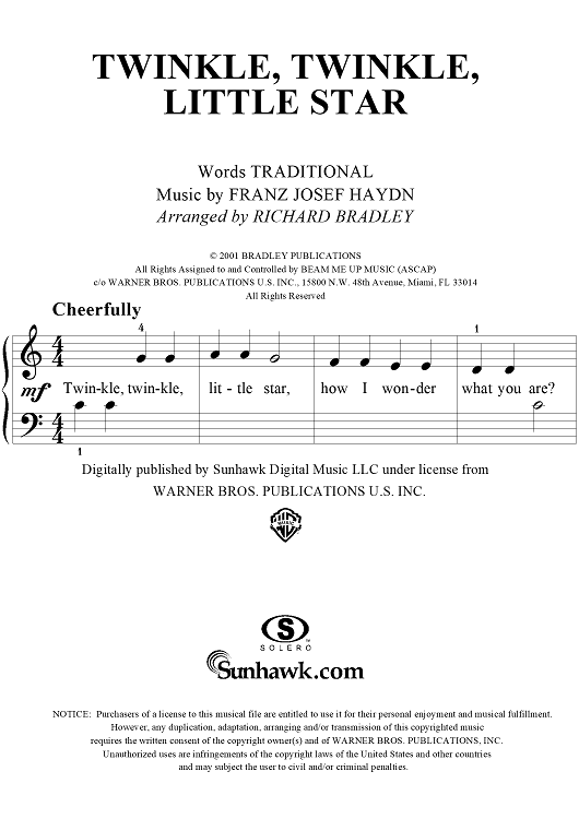 Twinkle Twinkle Little Star Sheet Music for Five Finger