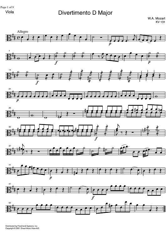 Divertimento No. 2 D Major KV131 - Viola