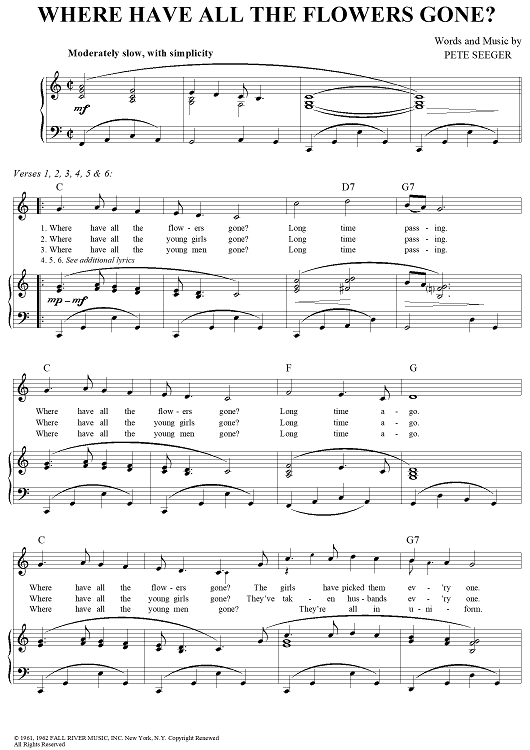 Where Have All The Flowers Gone?" Sheet Music for Piano/Vocal/Chords