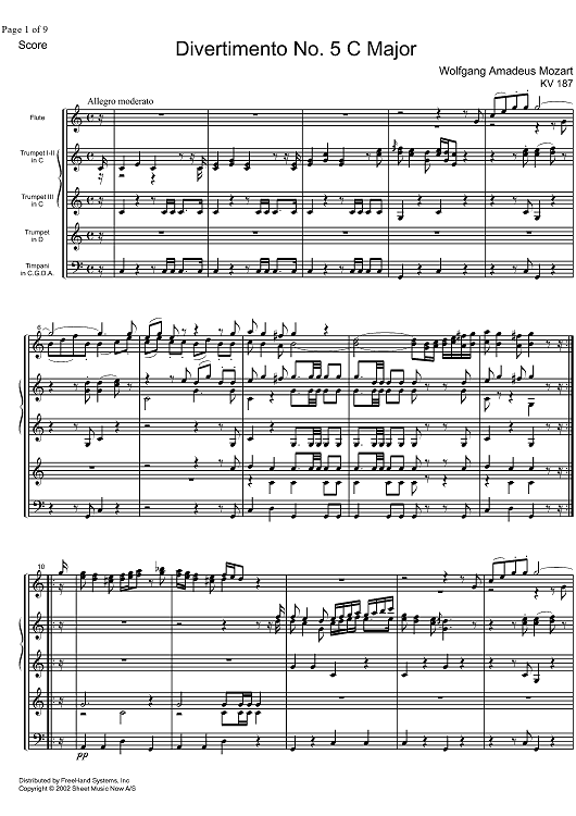 Divertimento No. 5 C Major KV187 - Score