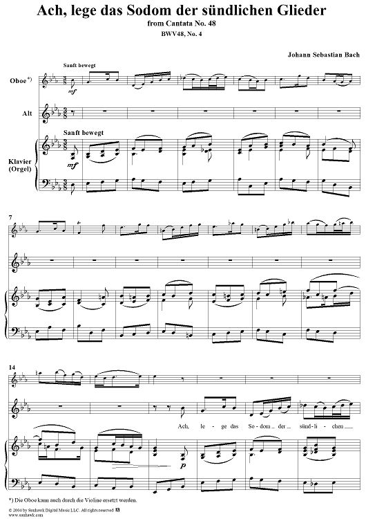 "Ach, lege das Sodom der sündlichen Glieder", Aria, No. 4 from Cantata No. 48: "Ich elender Mensch, wer wird mich erlösen" - Piano Score