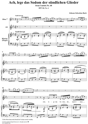 "Ach, lege das Sodom der sündlichen Glieder", Aria, No. 4 from Cantata No. 48: "Ich elender Mensch, wer wird mich erlösen" - Piano Score