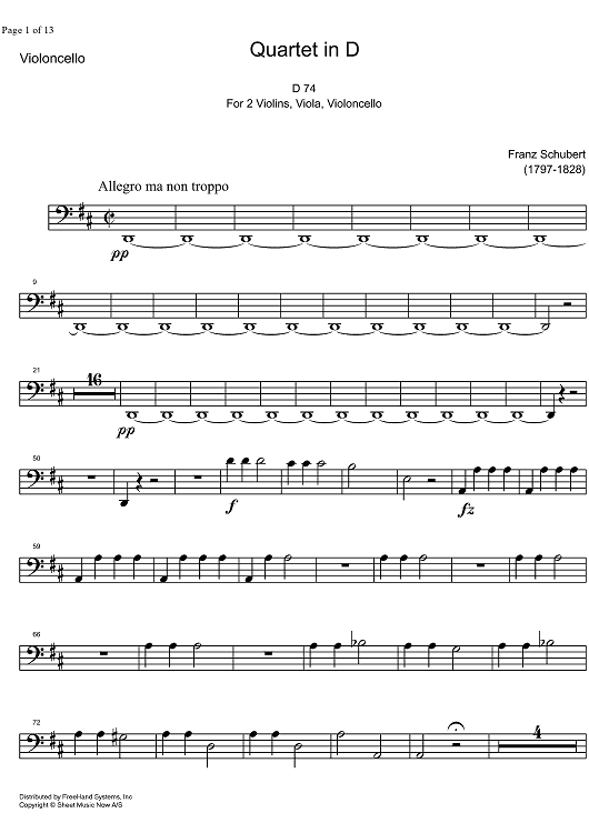 String Quartet No. 6 D Major D74 - Cello