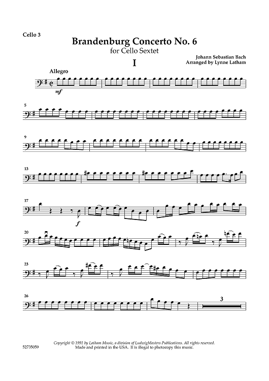 Brandenburg Concerto No. 6 - for Cello Sextet - Cello 3