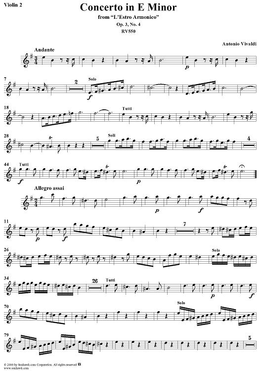 Concerto in E Minor, from "L'Estro Armonico", Op. 3, No. 4 (RV550) - Violin 2