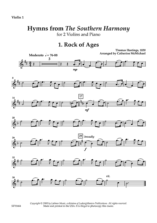Hymns from "The Southern Harmony" for 2 Violins and Piano - Violin 1