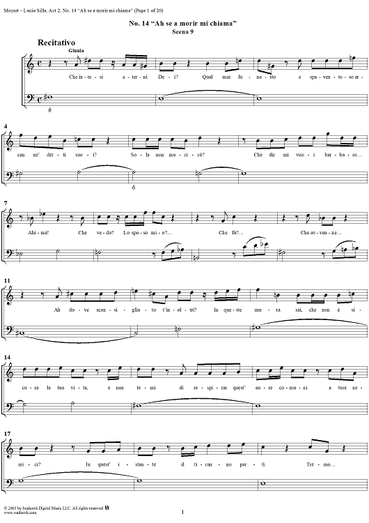 Recitative and Aria: Ah se a morir mi chiama, No. 14 from "Lucio Silla", Act 2 - Full Score