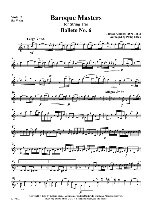 Baroque Masters - for String Trio - Violin 2 (for Viola)