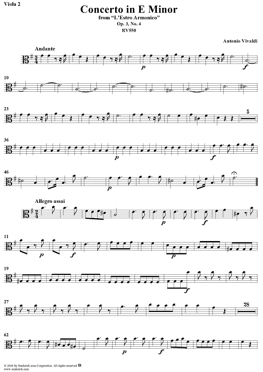 Concerto in E Minor    - from "L'Estro Armonico" - Op. 3/4  (RV550) - Viola 2
