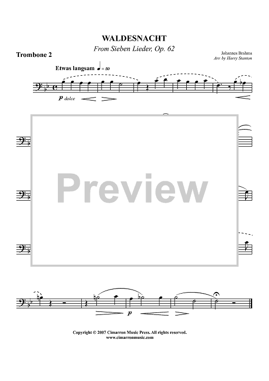 Waldesnacht from "Sieben Lieder, Op. 62" - Trombone 2