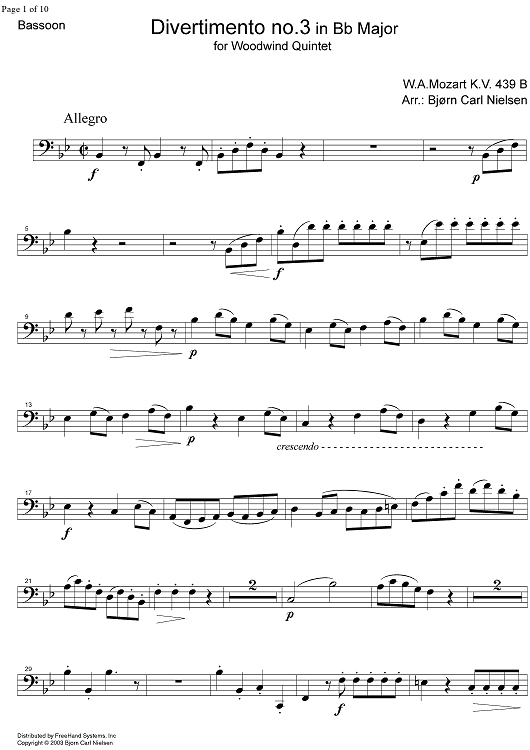 Divertimento No. 3 Bb Major KV439b - Bassoon