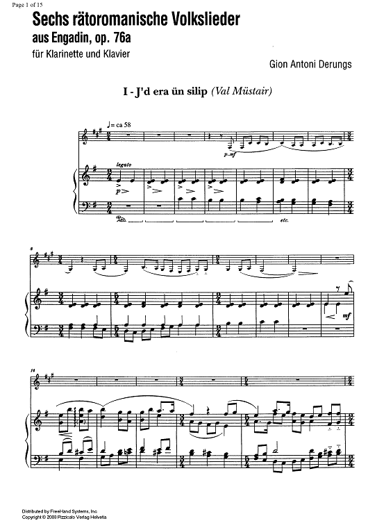 Sechs rätoromanische Volkslieder (Six folksongs from Engadin) Op.76a - Score