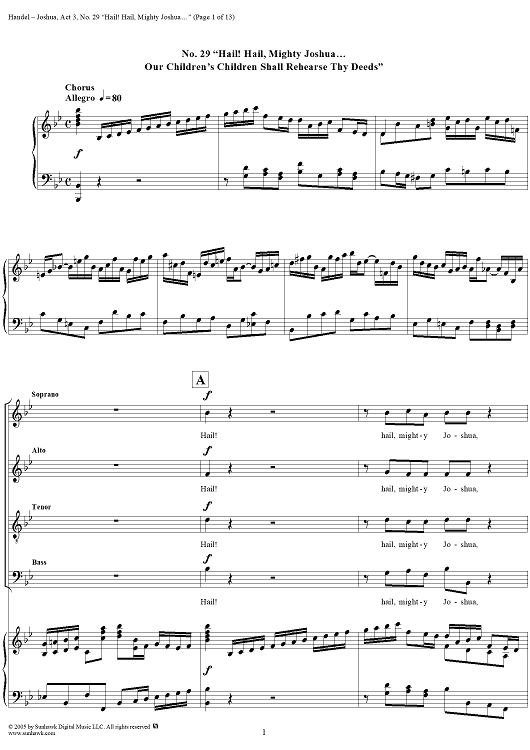 Joshua, Act 3, No. 29: "Hail! hail, mighty Joshua... Our children's children shall rehearse thy deeds"