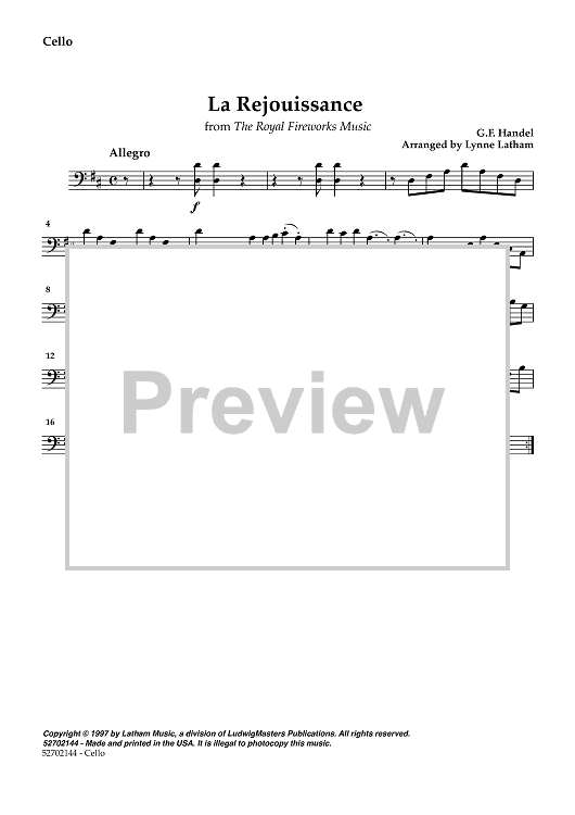 La Rejouissance - from The Royal Fireworks - Cello