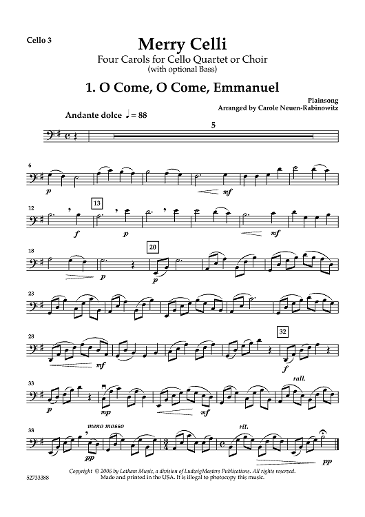 Merry Celli - Four Carols for Cello Quartet or Choir (with optional Bass) - Cello 3