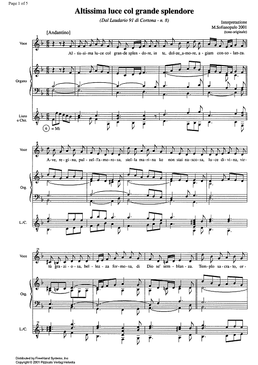 Altissima luce col grande splendore - Score