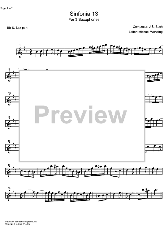 Three Part Sinfonia No.13 BWV 799 a minor - B-flat Soprano Saxophone