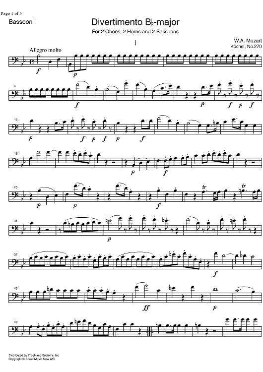 Divertimento No.14 Bb Major KV270 - Bassoon 1