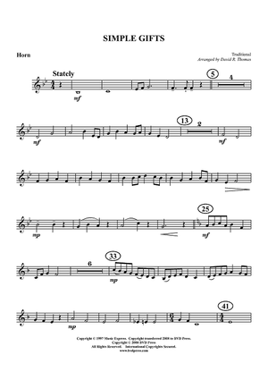 Simple Gifts - Horn in F (plus optional part for Trombone)