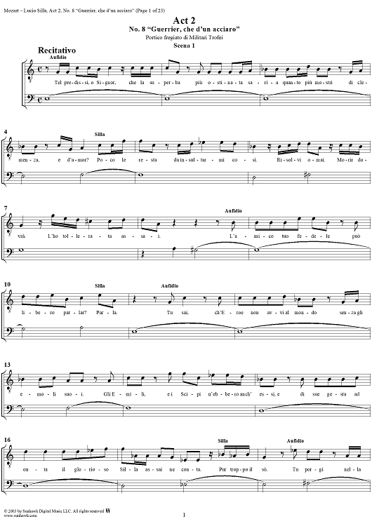 Recitative and Aria: Guerrier, che d'un acciaro, No. 8 from "Lucio Silla", Act 2 - Full Score