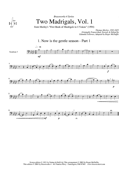 Two Madrigals, Vol. 1 - from Morley's "First Book of Madrigals to 4 Voices" (1594) - Trombone 3