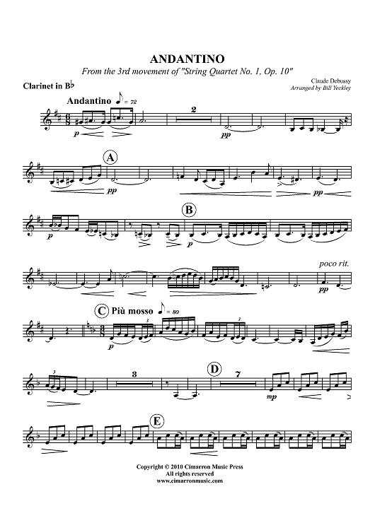 Andantino - From the 3rd movement of "String Quartet No. 1, Op. 10" - Clarinet in Bb