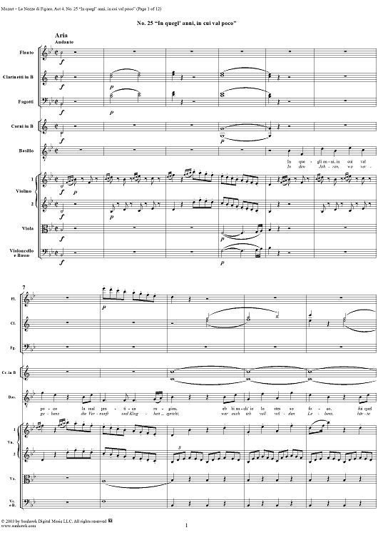 "In quegli anni, in cui val poco", No. 25 from "Le Nozze di Figaro", Act 4, K492 - Full Score