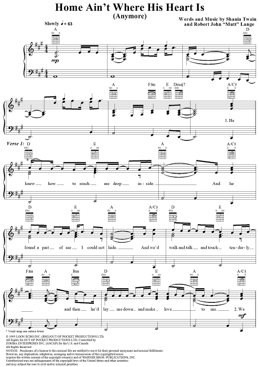 Home Ain't Where His Heart Is (Anymore)" Sheet Music by Shania Twain