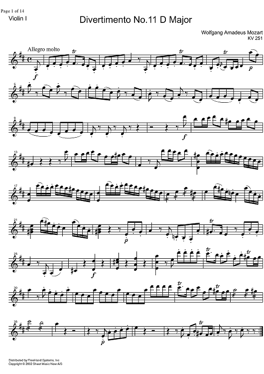 Divertimento No.11 D Major KV251 - Violin 1