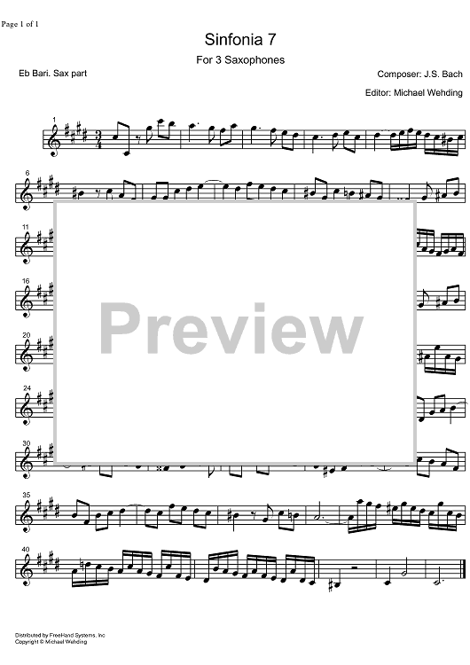 Three Part Sinfonia No. 7 BWV 793 e minor - E-flat Baritone Saxophone