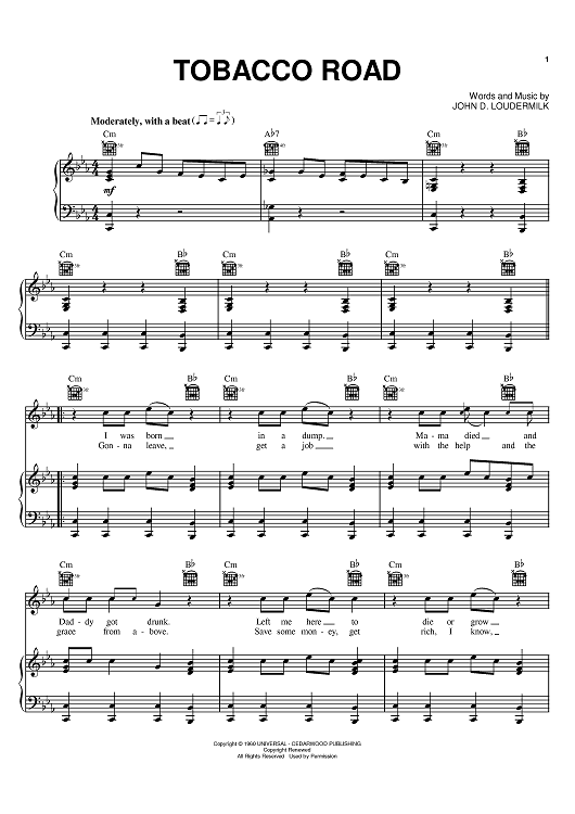common market tobacco road Tobacco Road" Sheet Music by David Lee Roth; The Nashville Teens for  Piano/Vocal/Chords