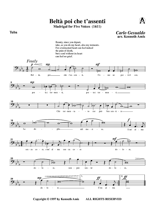 Beltà poi che t'assenti - Tuba