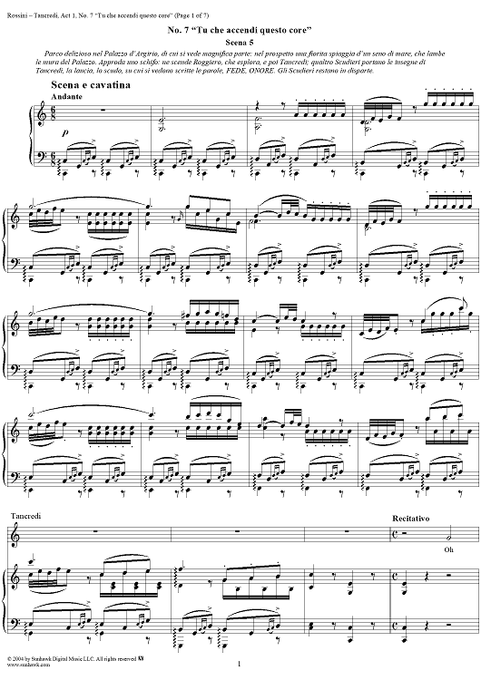 Tu che accendi questo core: No. 7 from "Tancredi", Act 1, Scene 5 - Score