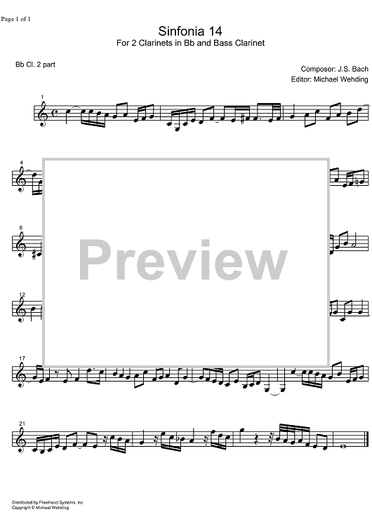 Three Part Sinfonia No.14 BWV 800 Bb Major - B-flat Clarinet 2