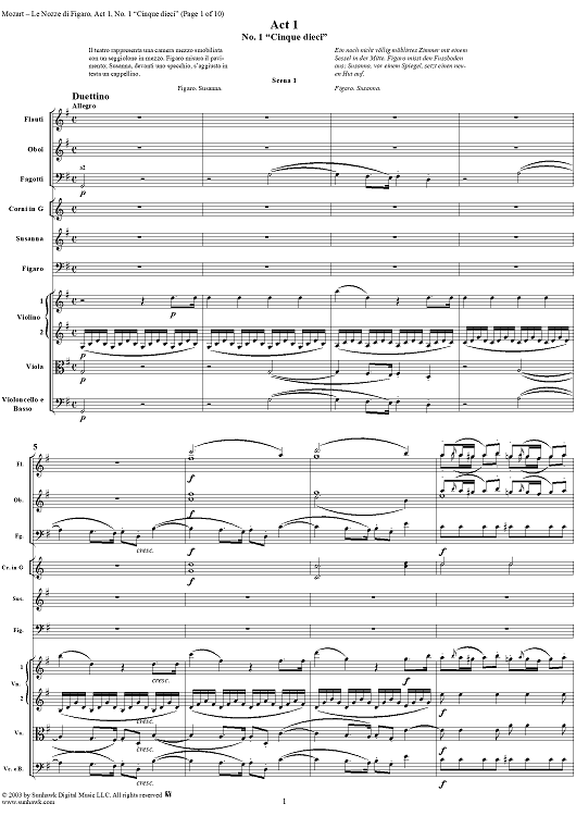 "Cinque dieci", No. 1 from "Le Nozze di Figaro", Act 1, K492 - Full Score
