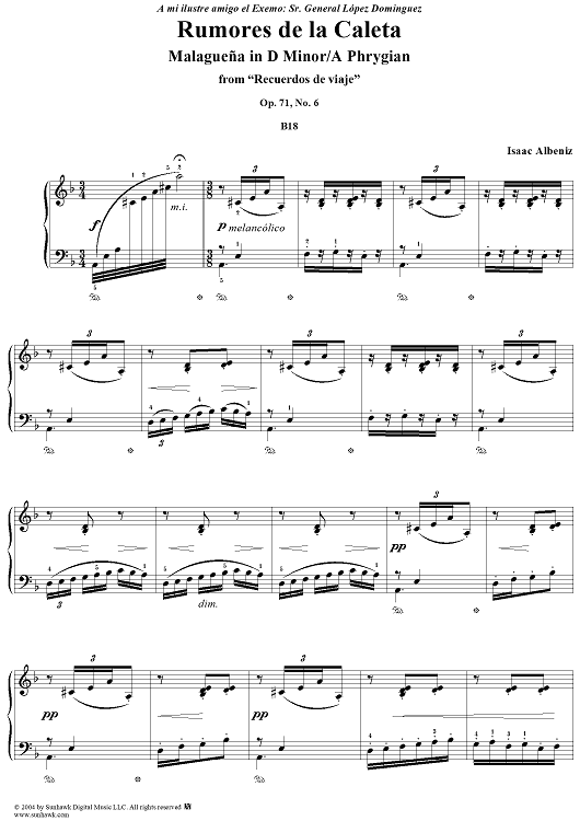 Recuerdos De Viaje, Op. 71: No. 6, Rumores de la Caleta, Malagueña in D Minor/A Phrygian