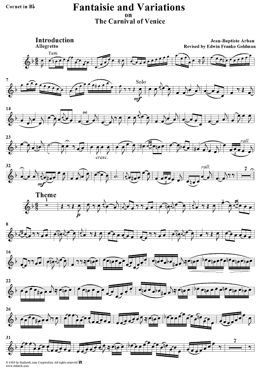 Fantaisie and Variations on The Carnival of Venice - Cornet
