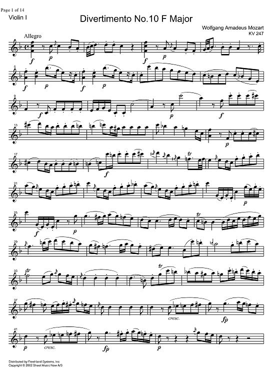 Divertimento No.10 F Major KV247 - Violin 1