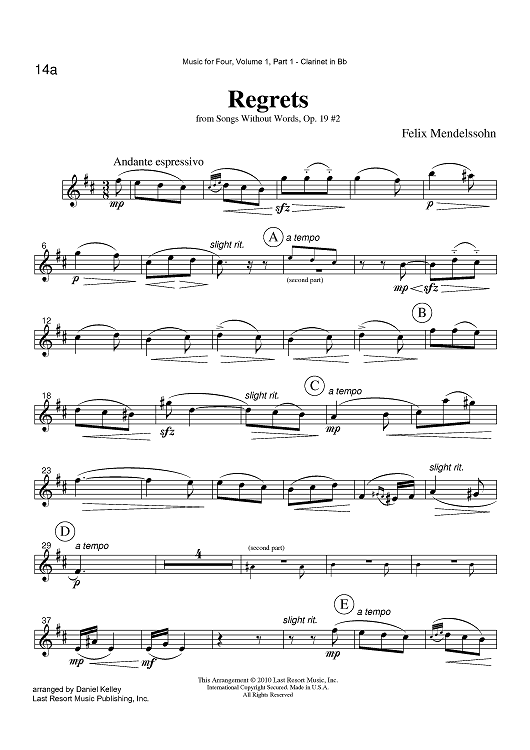Regrets - from Songs Without Words, Op. 19 #2 - Part 1 Clarinet in Bb