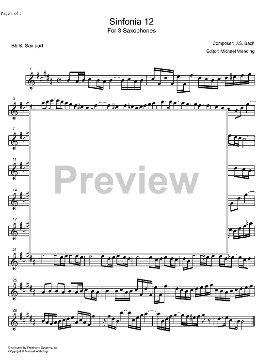 Three Part Sinfonia No.12 BWV 798 A Major - B-flat Soprano Saxophone