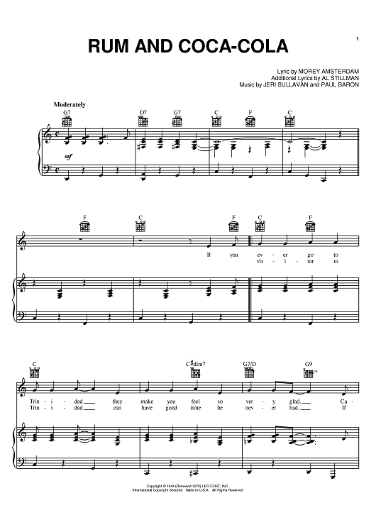Rum And Cocacola" Sheet Music by The Andrews Sisters; Vaughn Monroe