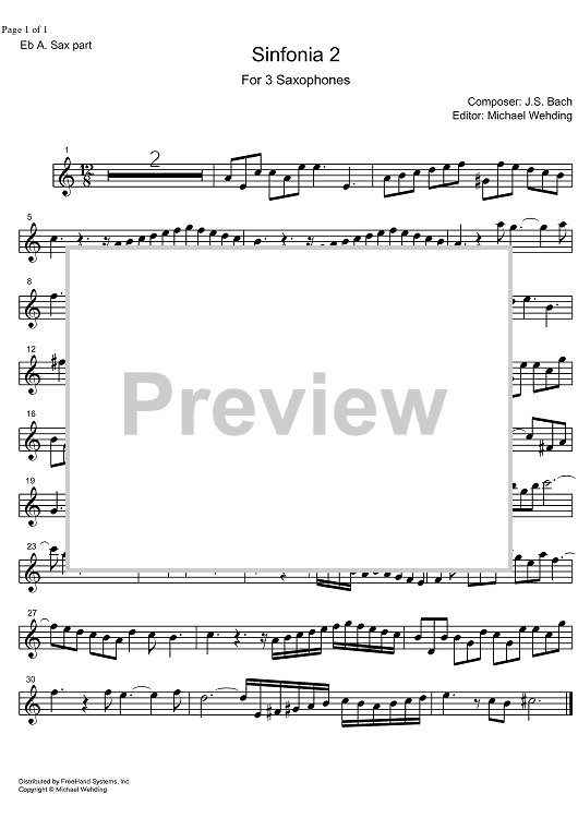 Three Part Sinfonia No. 2 BWV 788 c minor - E-flat Alto Saxophone