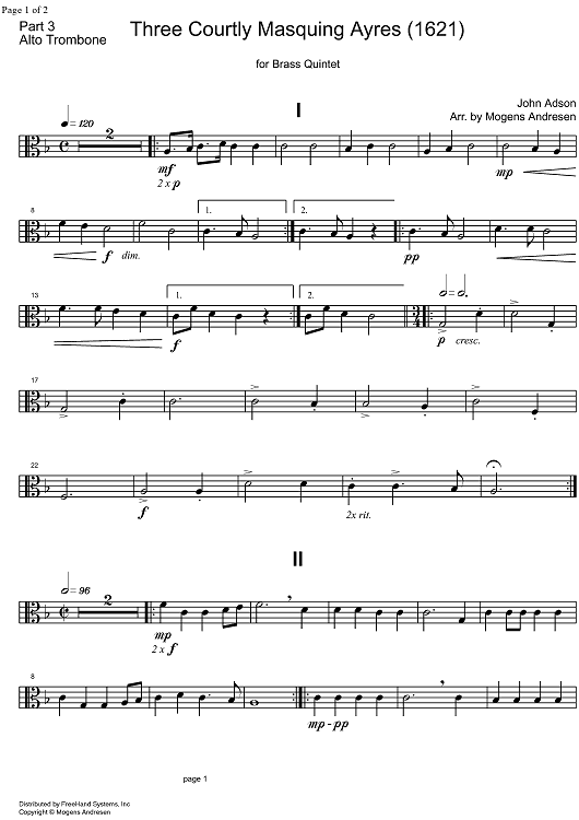 3 Courtly Masquing Ayres - Alto Trombone