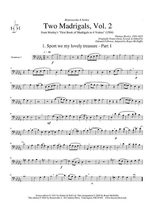 Two Madrigals, Vol. 2 - from Morley's "First Book of Madrigals to 4 Voices" (1594) - Trombone 3