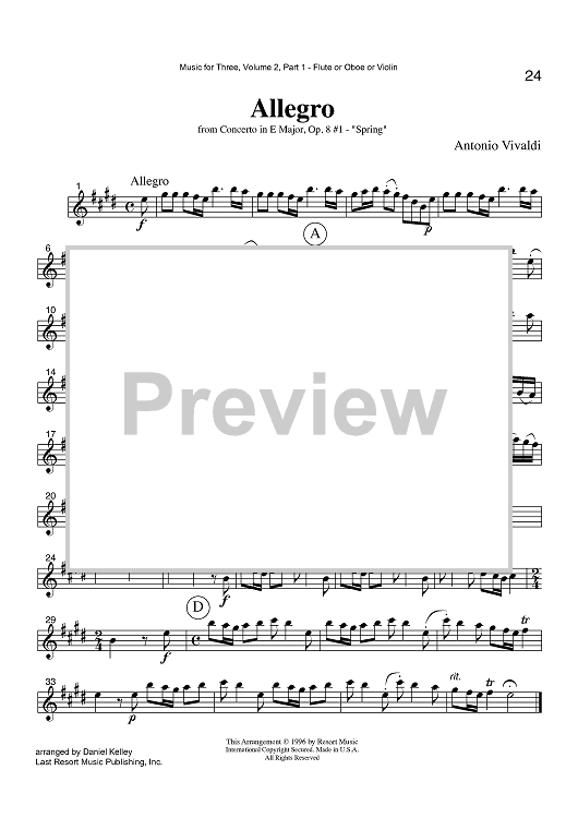 Allegro - from Concerto in E Major, Op. 8 #1 - "Spring" - Part 1 Flute, Oboe or Violin