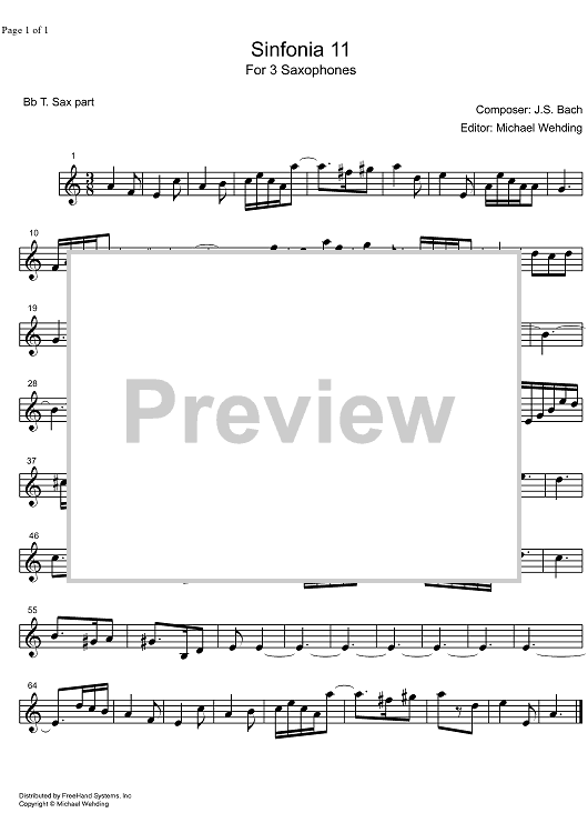 Three Part Sinfonia No.11 BWV 797 g minor - B-flat Tenor Saxophone