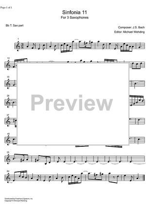 Three Part Sinfonia No.11 BWV 797 g minor - B-flat Tenor Saxophone